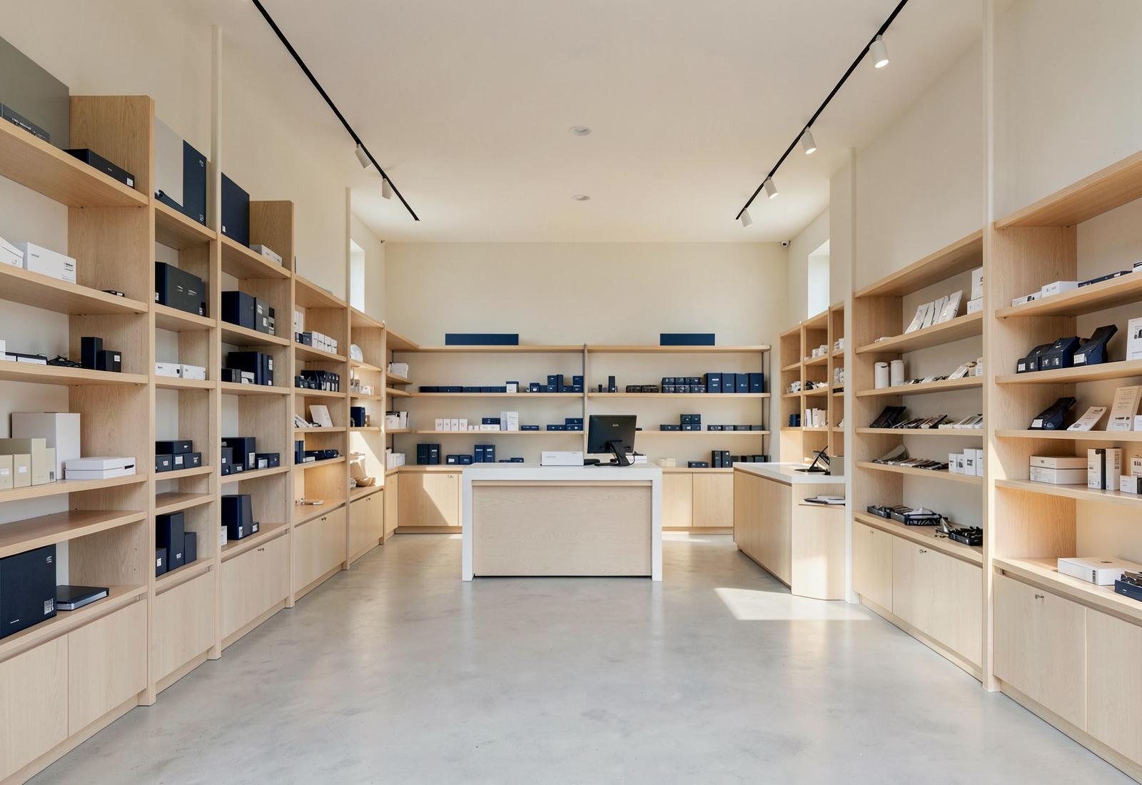 Boutique vide avec rayonnages en bois, produits neutres et comptoir d'encaissement