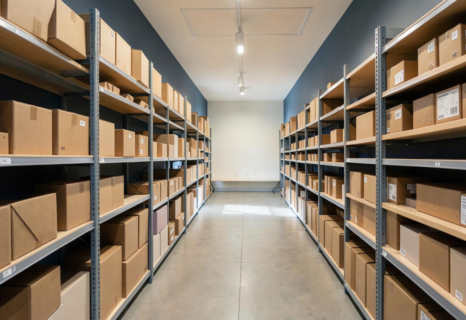 Allée de réserve vide bordée de rayonnages et de cartons rangés