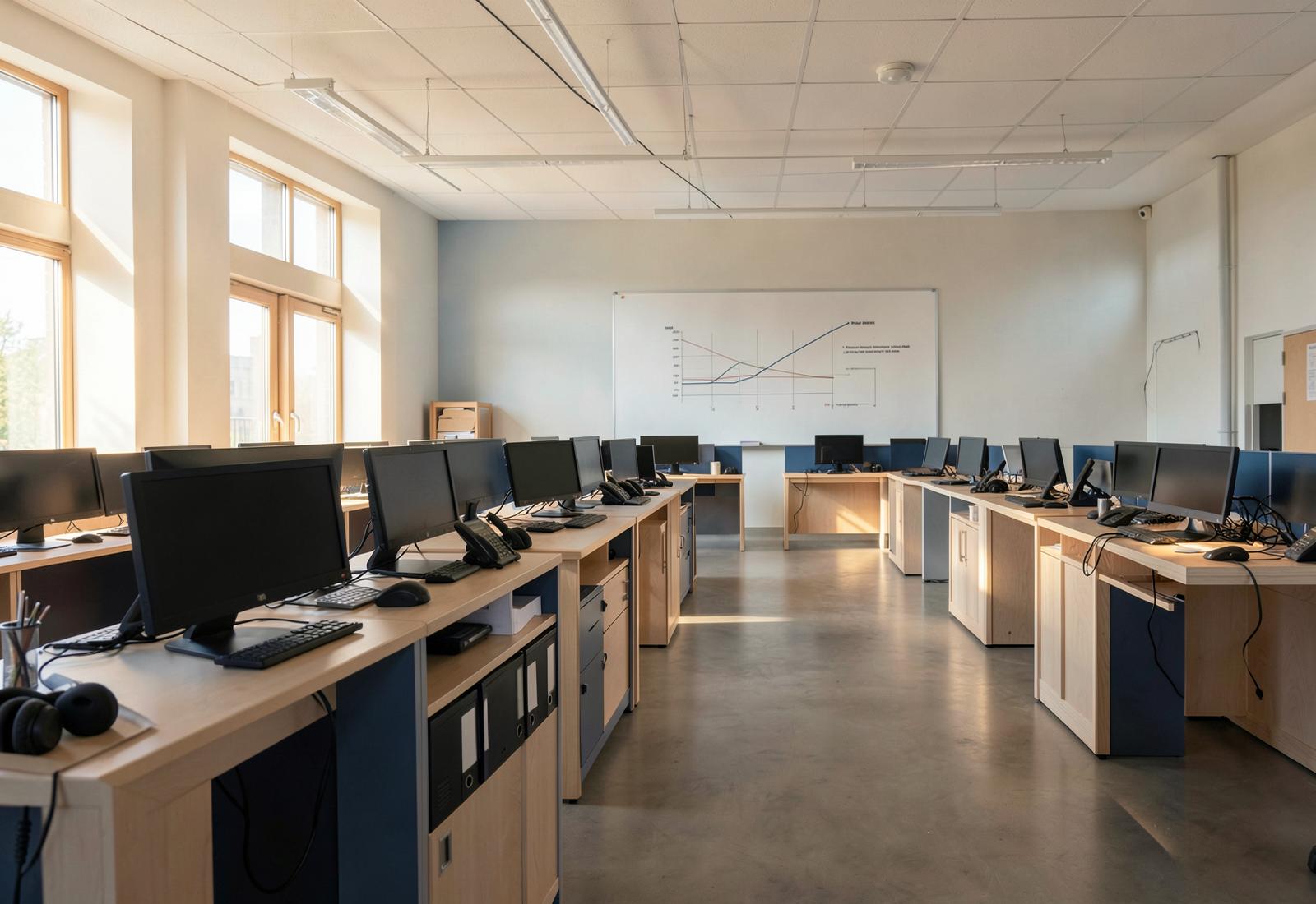 Open space vide équipé d'écrans, de téléphones et de casques-micro