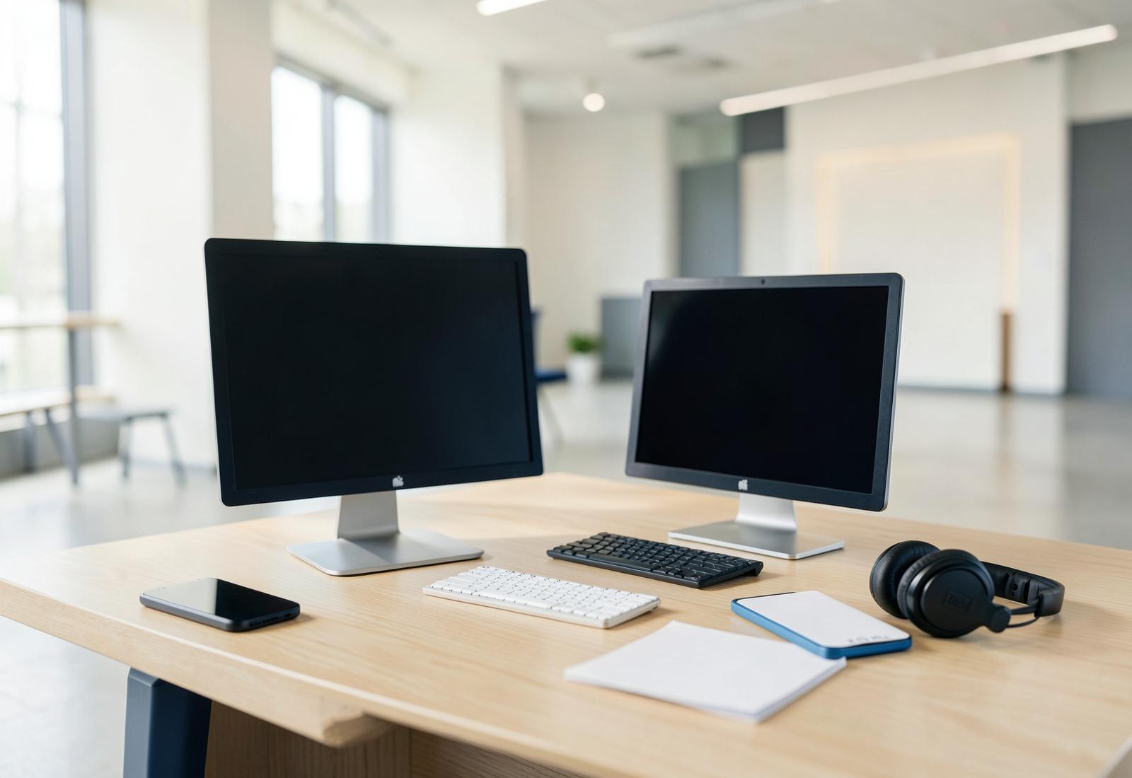 Deux écrans éteints, un téléphone, un casque-micro et un carnet sur un bureau vide
