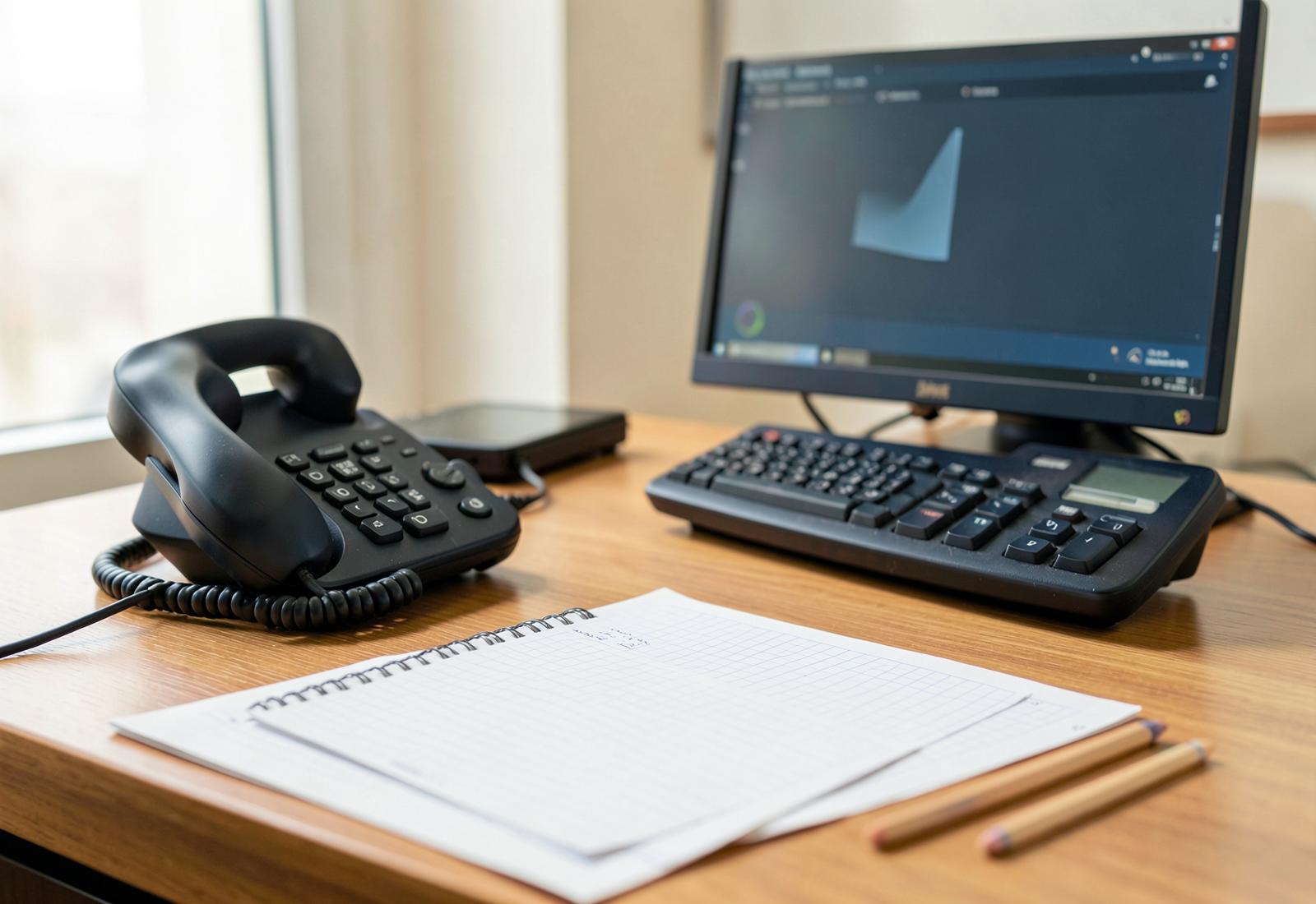 Téléphone fixe, écran, carnet quadrillé et crayons sur un bureau vide