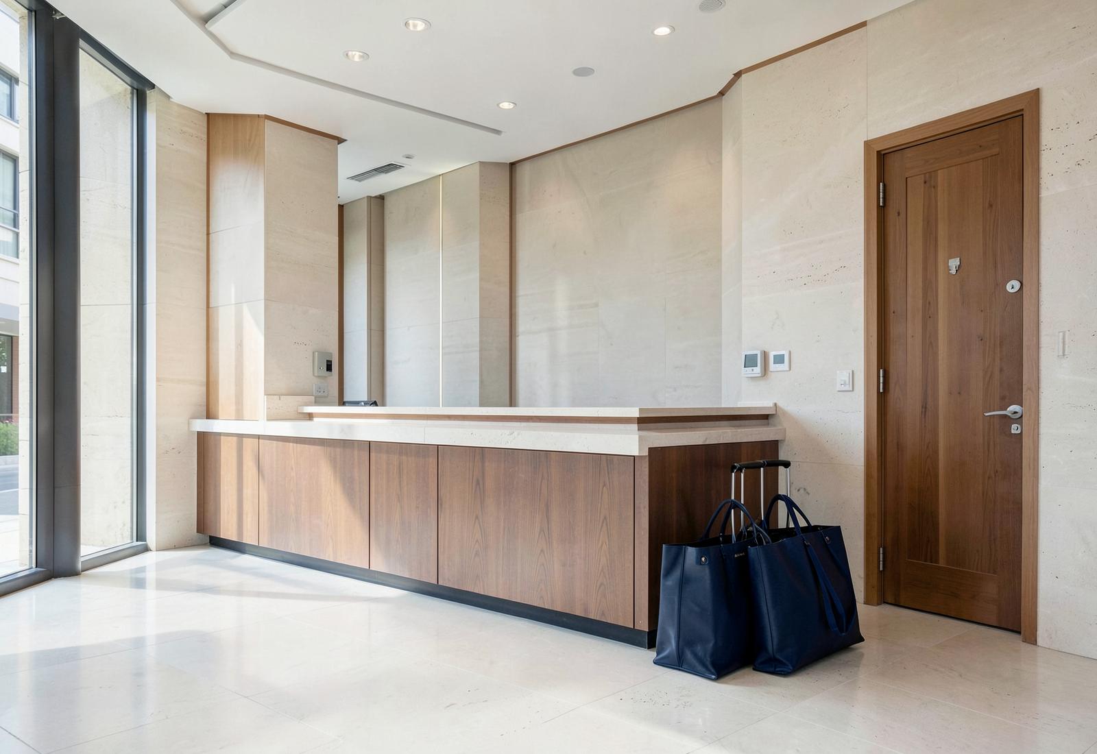 Comptoir d'accueil vide dans un hall d'hôtel avec deux bagages posés