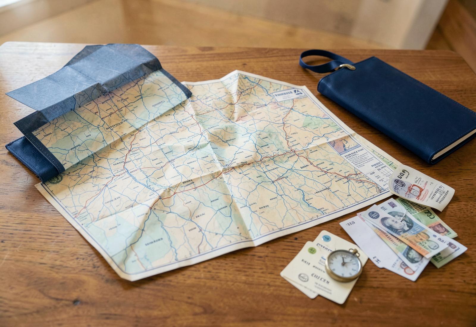 Carte de voyage dépliée, carnet bleu, boussole et documents sur une table