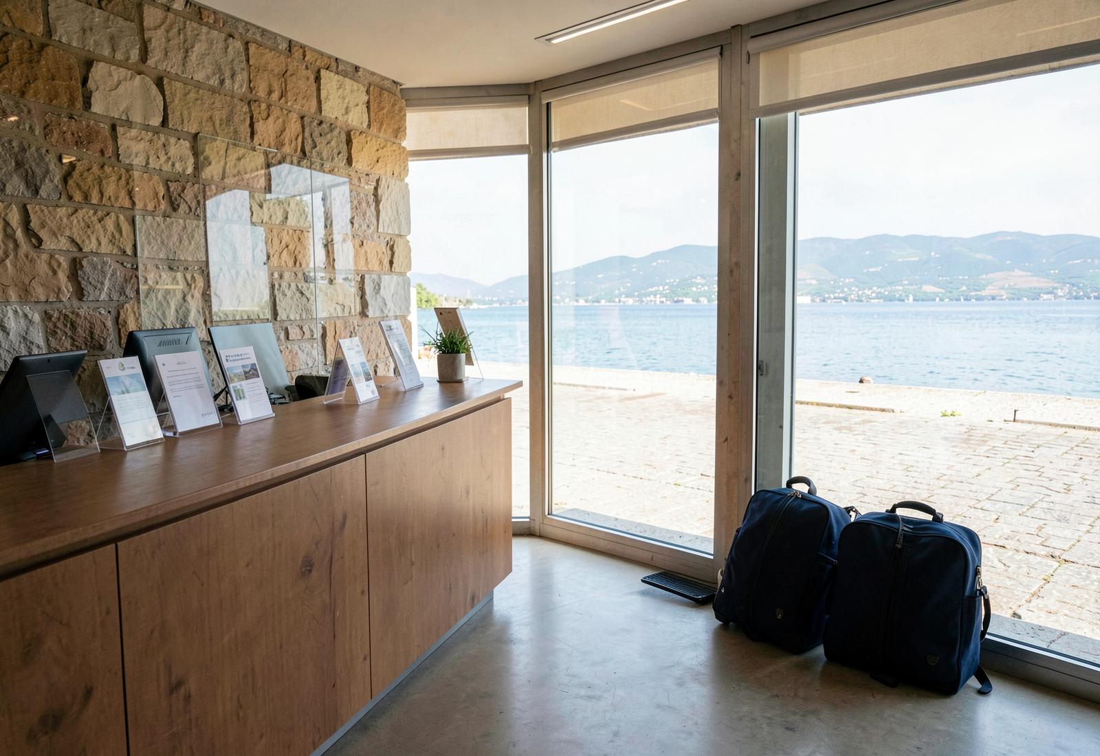 Office de tourisme vide avec présentoirs, bagages et baie vitrée ouverte sur un quai désert