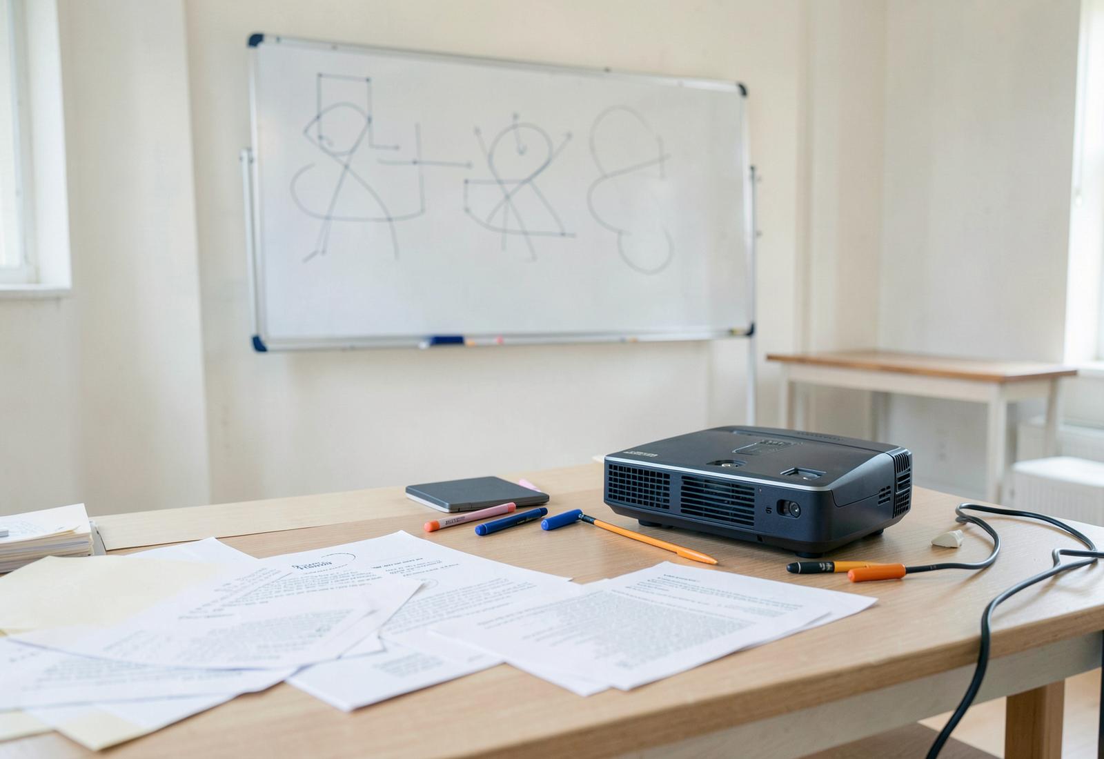 Documents imprimés, feutres et vidéoprojecteur devant un tableau blanc