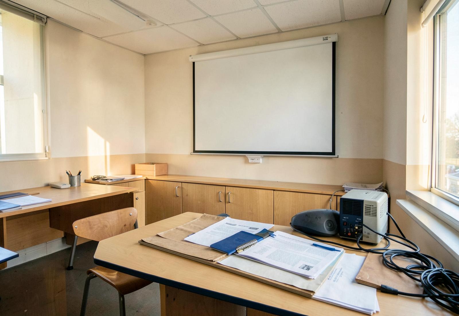 Salle de formation vide avec écran, dossiers, carnet et matériel de projection