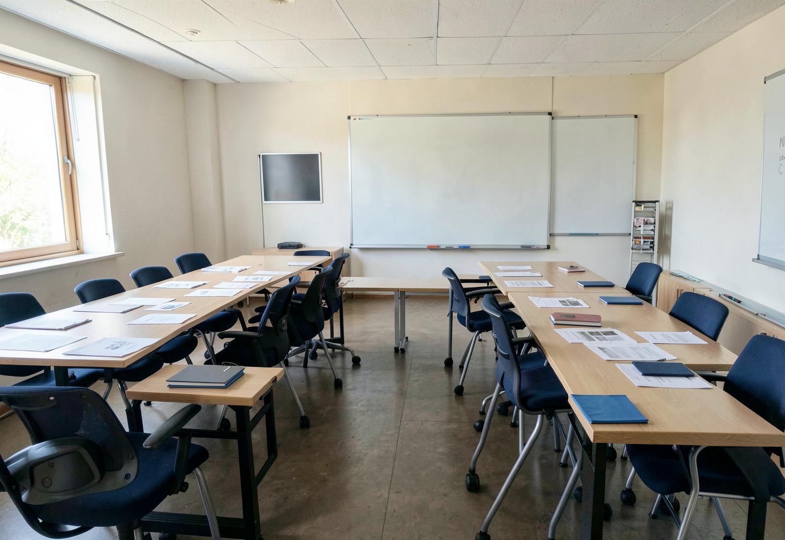 Salle de séminaire vide avec tables en U, documents et tableau blanc