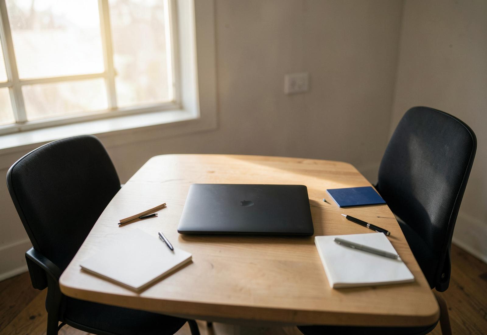Table de travail vide avec ordinateur fermé, carnets et deux chaises