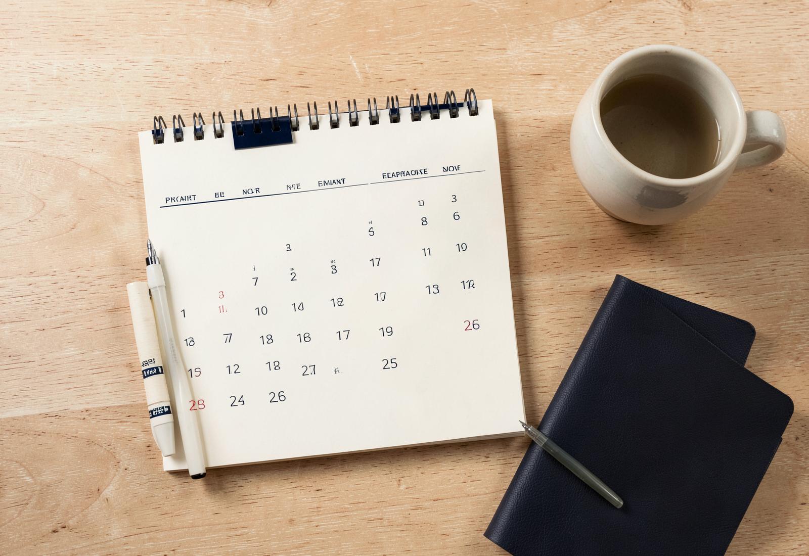 Calendrier, tasse et carnet bleu disposés sur une table claire