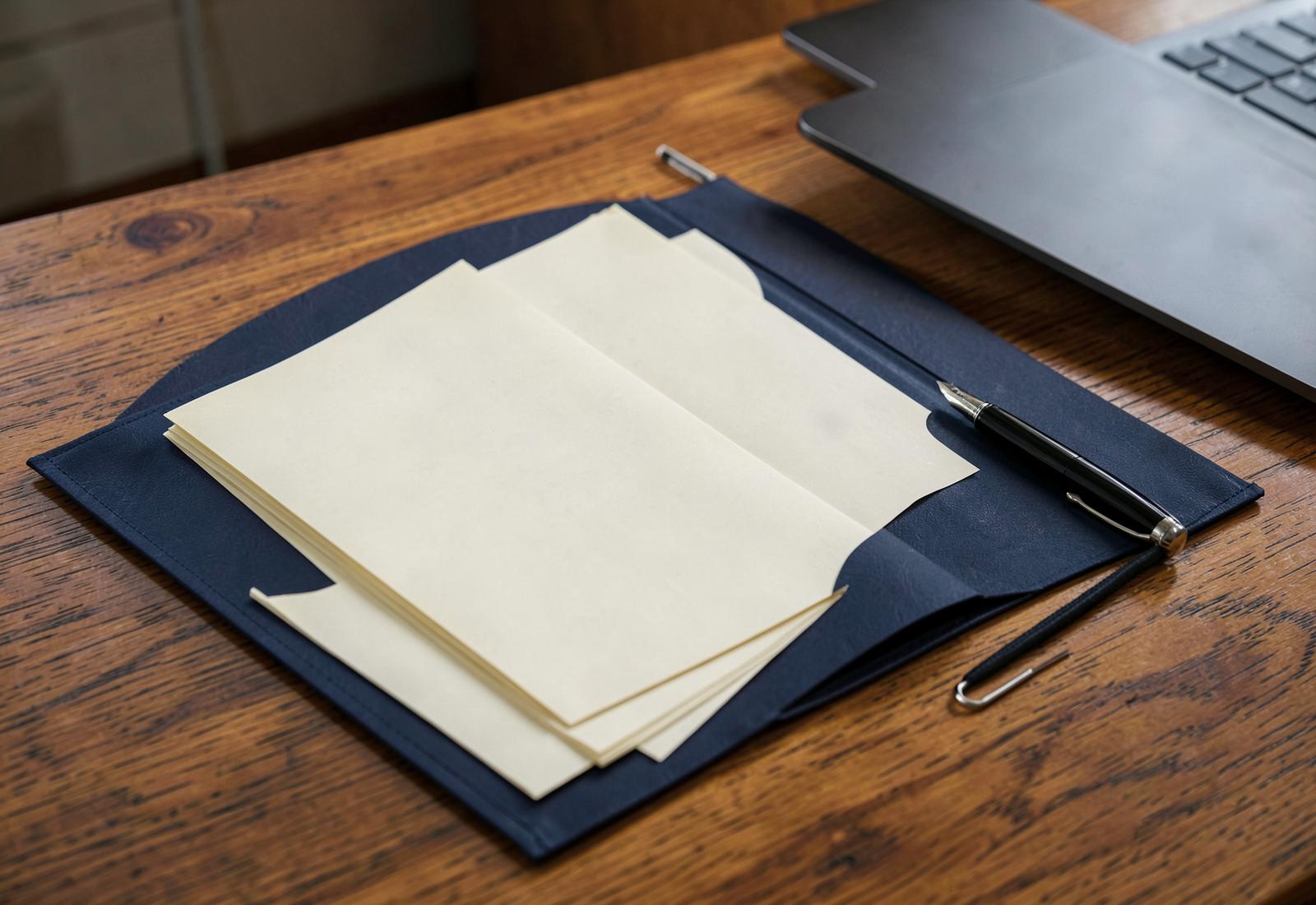 Documents vierges classés dans un dossier bleu avec des crayons