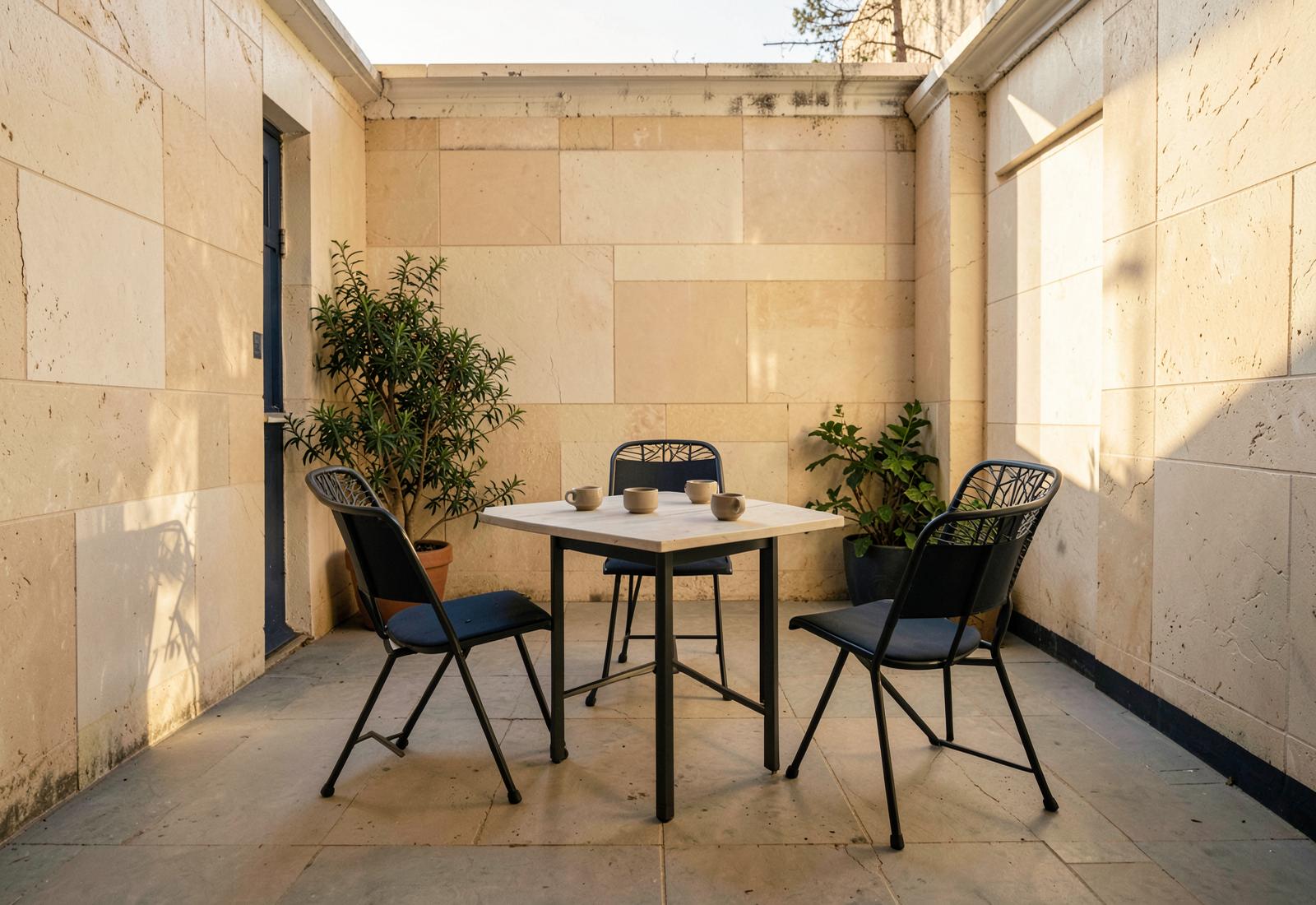 Terrasse vide avec table, chaises et tasses dans la lumière naturelle