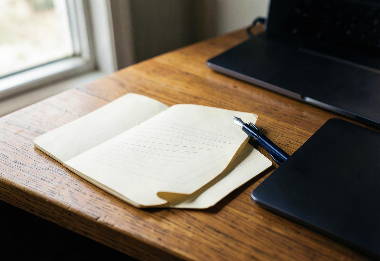 Carnet ouvert, stylo et dossier bleu sur un bureau près d'une fenêtre