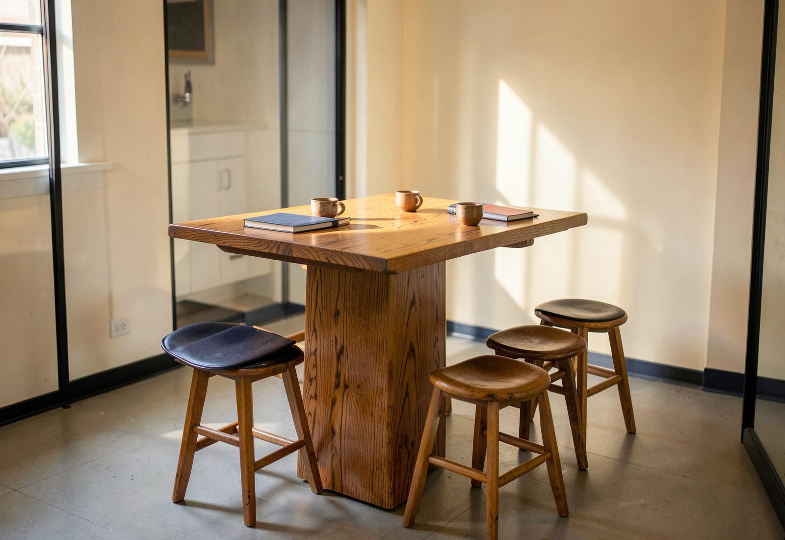 Table haute vide entourée de tabourets dans une salle lumineuse