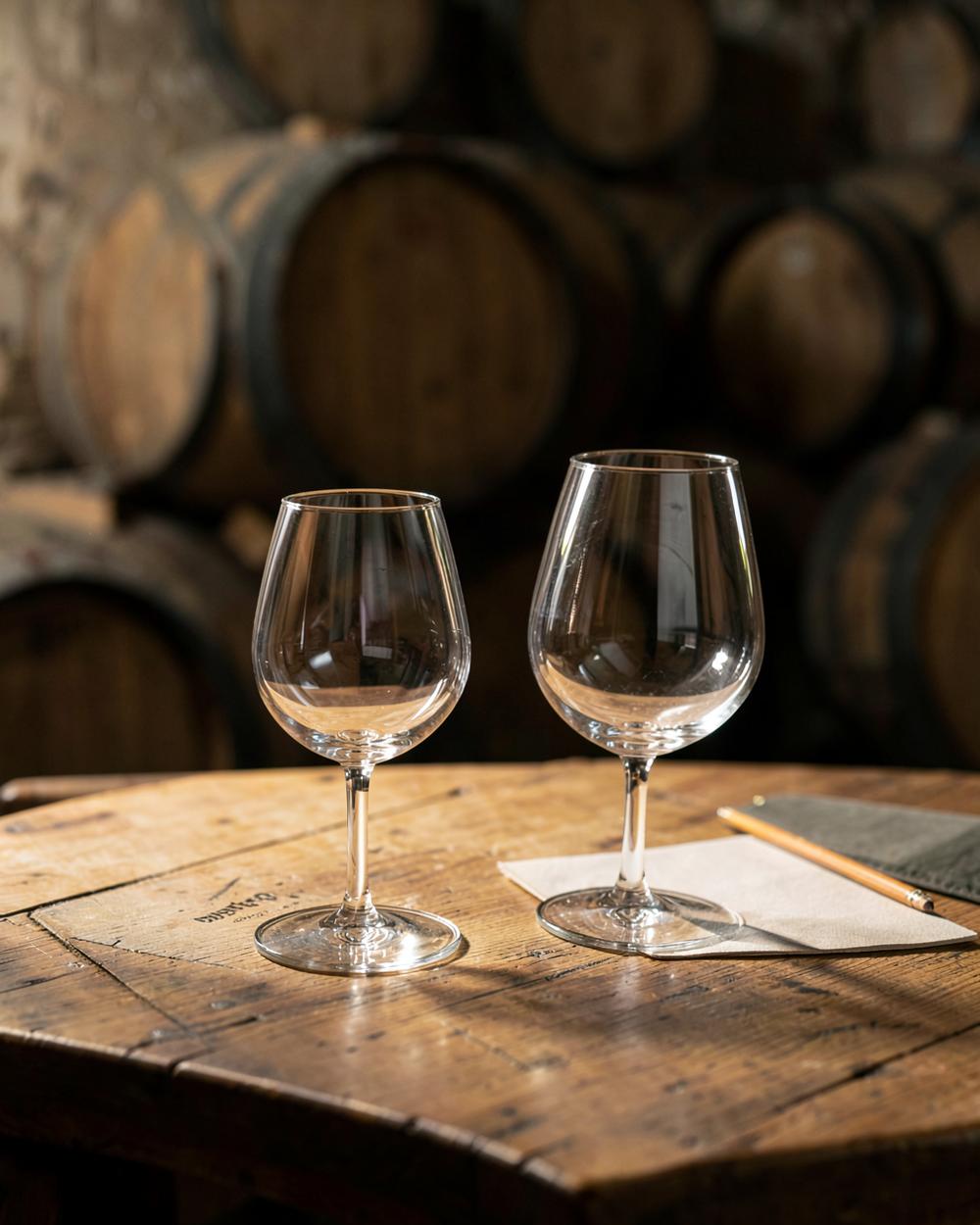 Deux verres vides, carnet et crayon sur une table devant des barriques