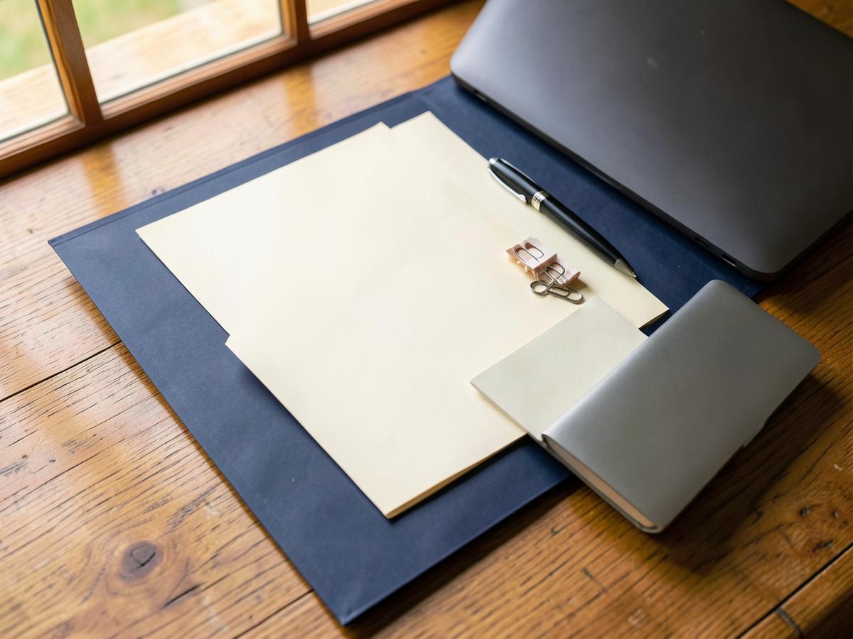 Dossier ouvert, stylo et ordinateur fermé sur une table en bois