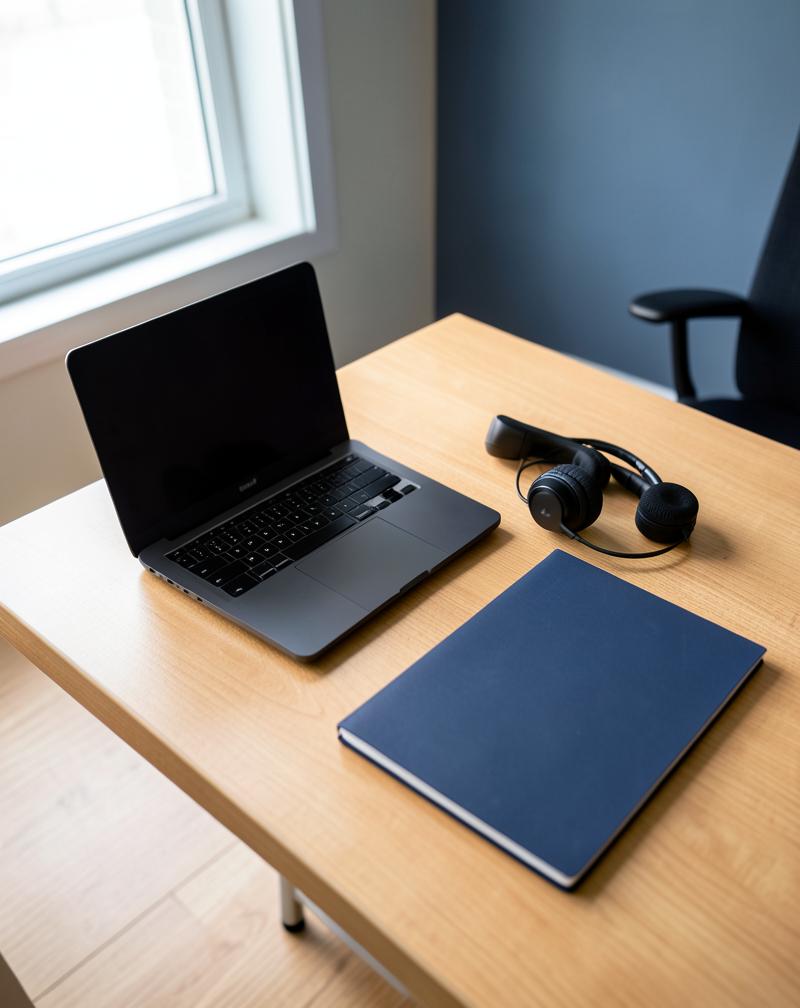 Ordinateur portable, casque audio et carnet sur un bureau près d'une fenêtre