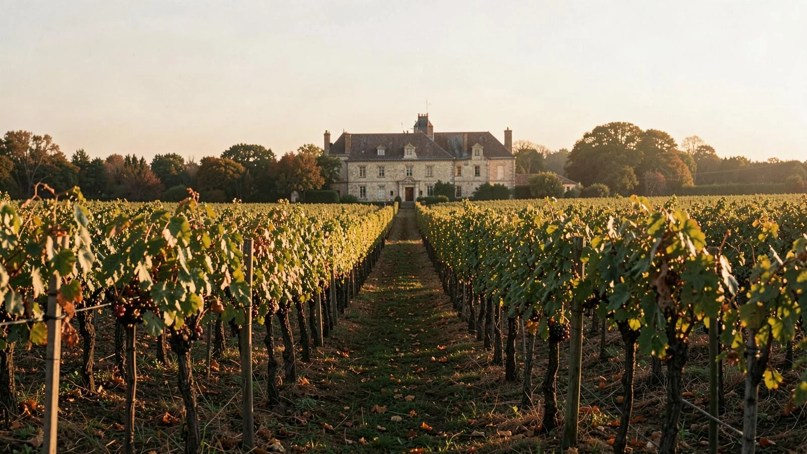 Rangs de vigne devant une propriété en pierre à la lumière du soir